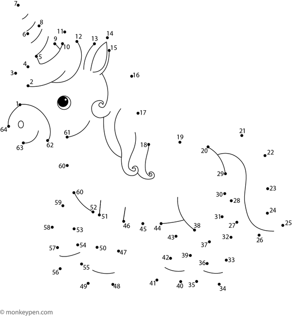 Connect-the-dots activity of a smiling unicorn with a flowing mane and horn for children to complete and color.