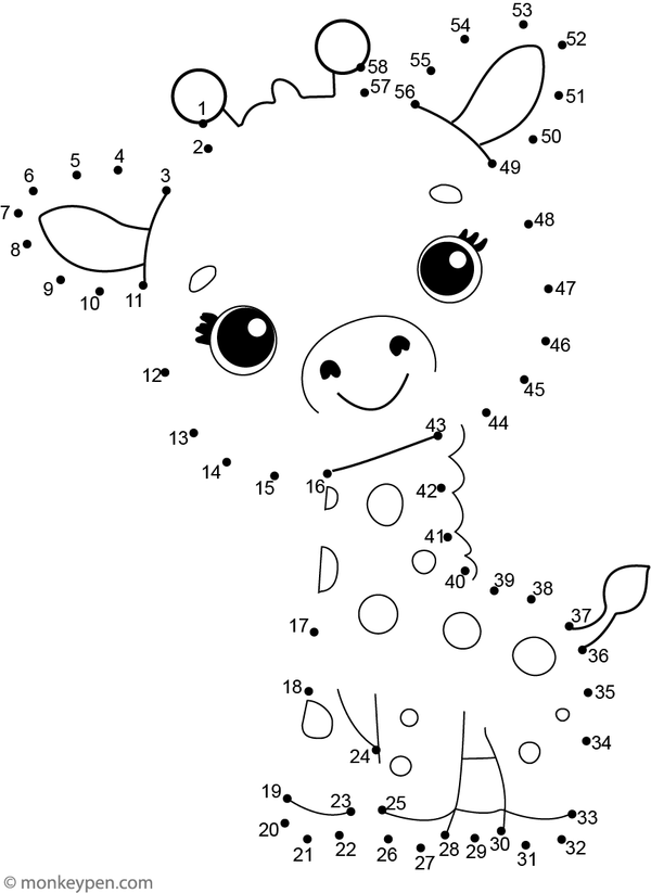 A cute baby giraffe with gentle eyes and patterned spots appears as children connect the dots in this engaging activity.