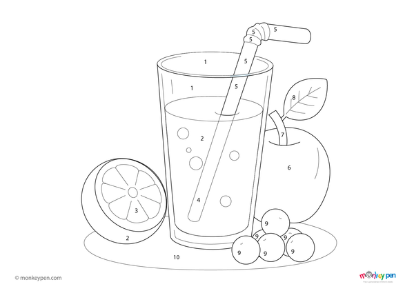 Color-by-number worksheet of a glass of juice – free download for kids to color fruit slices, juice, and table setting.