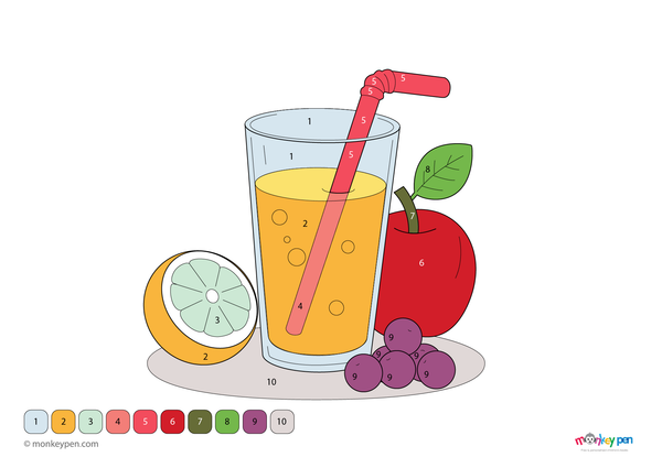 Color-by-number worksheet of a glass of juice – free download for kids to color fruit slices, juice, and table setting.