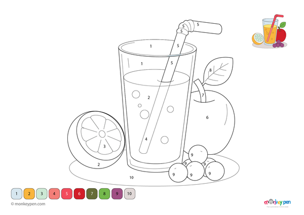 Color-by-number worksheet of a glass of juice – free download for kids to color fruit slices, juice, and table setting.