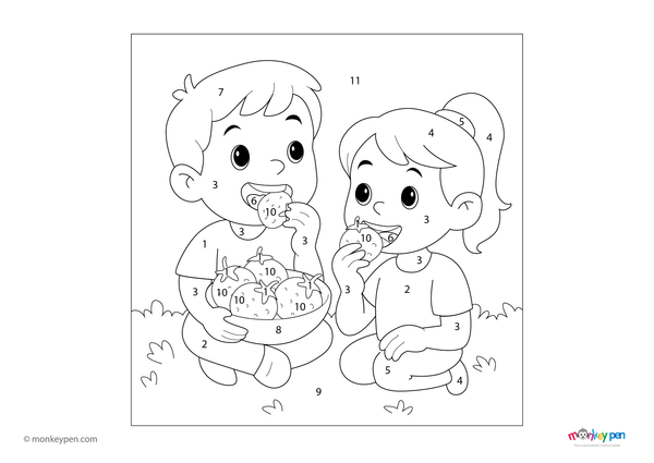 Color-by-number worksheet of kids enjoying strawberries – free download for kids to color clothes, faces, and juicy berries.