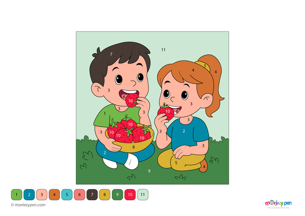 Color-by-number worksheet of kids enjoying strawberries – free download for kids to color clothes, faces, and juicy berries.
