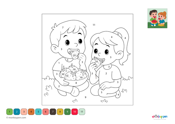Color-by-number worksheet of kids enjoying strawberries – free download for kids to color clothes, faces, and juicy berries.