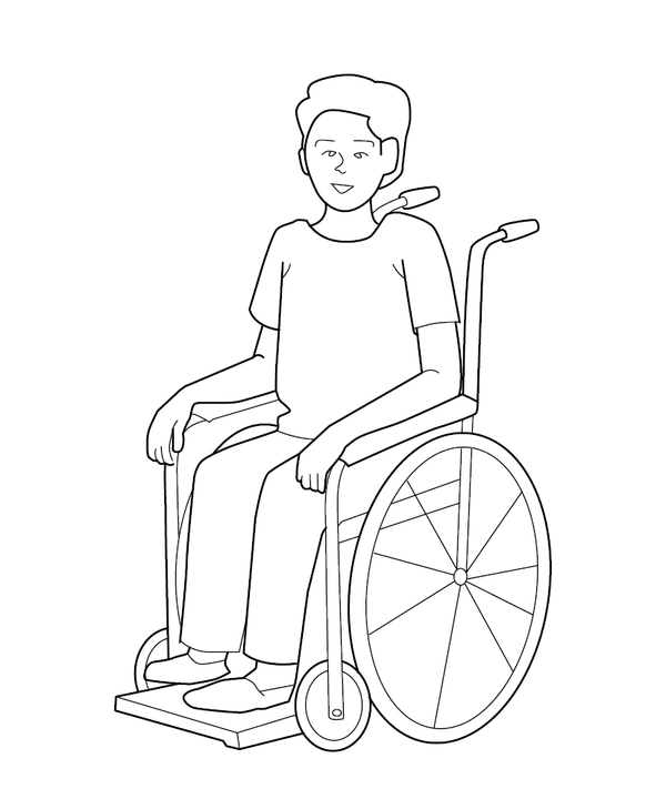 Printable colouring page of a wheelchair with detailed wheels and seat, perfect for kids to colour and learn about accessibility and care.