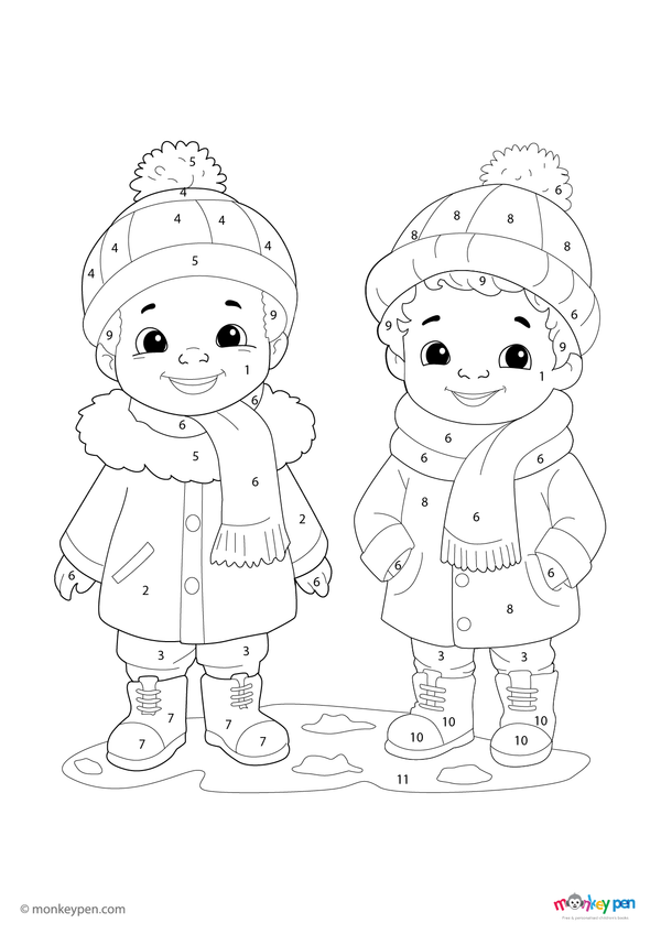Color-by-number worksheet of kids in winter attire – free download for kids to color jackets, scarves, boots, and snowy scene.