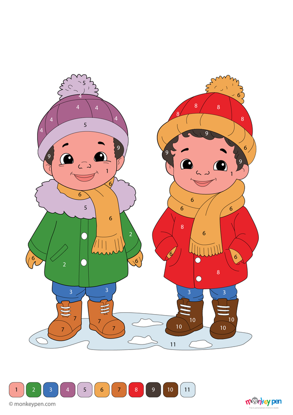 Color-by-number worksheet of kids in winter attire – free download for kids to color jackets, scarves, boots, and snowy scene.
