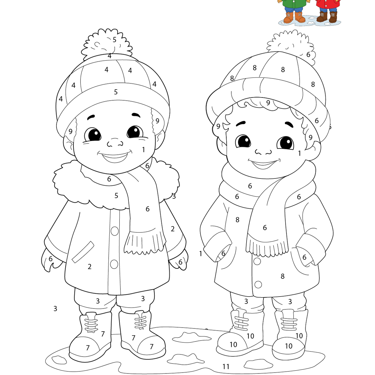 Kids in Winter Attire | Fun Educational Color by Number Printable