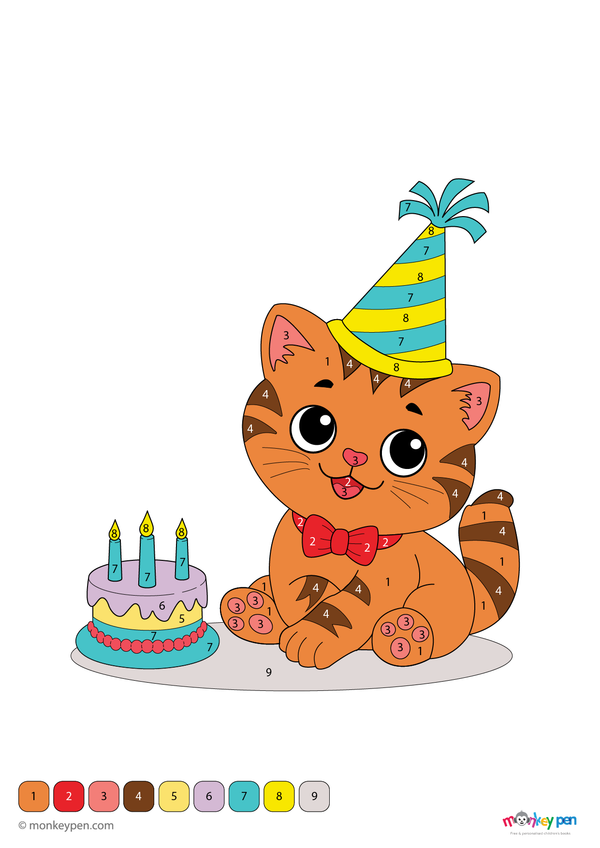 Color-by-number worksheet of a kitten and birthday scene – free download for kids to color fur, balloons, gifts, and cake.