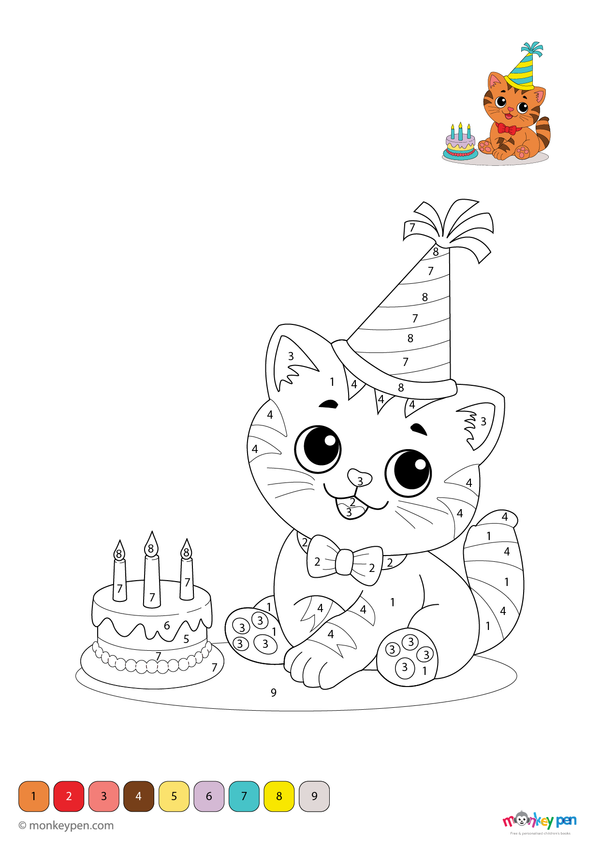 Color-by-number worksheet of a kitten and birthday scene – free download for kids to color fur, balloons, gifts, and cake.