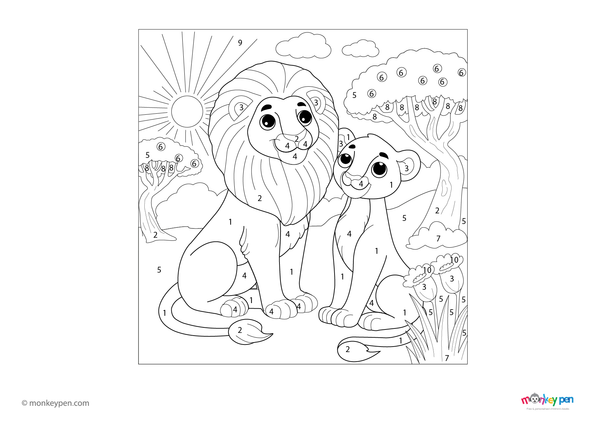 Color-by-number worksheet of a lion and lioness – free download for kids to color mane, coat, and safari grassland scene.