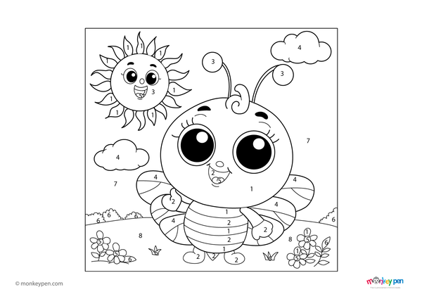 Color-by-number worksheet of a cartoon bee – free download for kids to color yellow stripes, wings, and surrounding flowers.