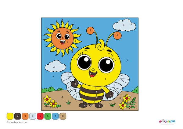 Color-by-number worksheet of a cartoon bee – free download for kids to color yellow stripes, wings, and surrounding flowers.