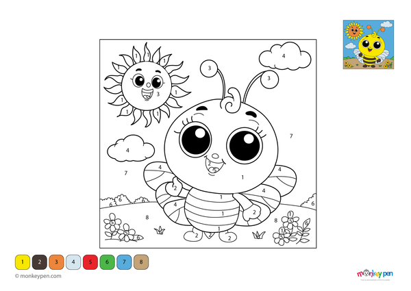 Color-by-number worksheet of a cartoon bee – free download for kids to color yellow stripes, wings, and surrounding flowers.
