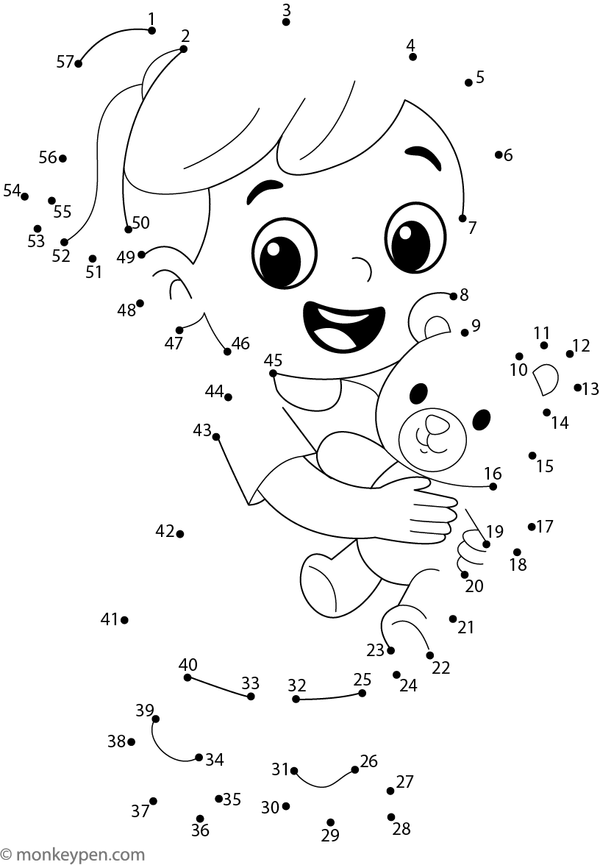 Dot-to-dot worksheet of a girl holding a teddy bear for children to connect and color