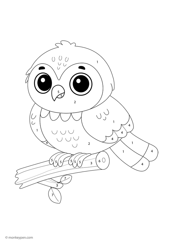 Downloadable color-by-number page featuring a cute falcon in flight with numbered feathers, beak, and wings—a free printable that helps kids practice number recognition while exploring birds of prey creatively.