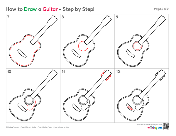 Young artist guide showing how to draw a guitar easily.