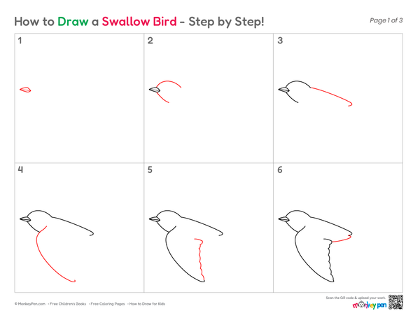 Cute flying swallow bird drawing for kids