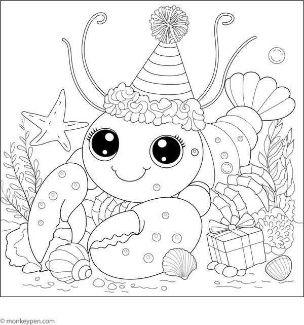 Lobster in Party Hat Coloring Page – fun and educational printable for children