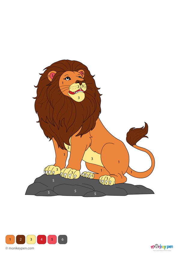 Color by number worksheet illustrating a lion on a rock in the savannah, with numbered sections for coloring the lion and landscape.