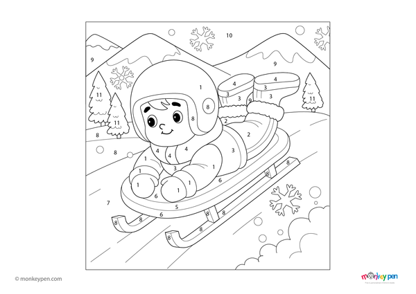 Color-by-number worksheet of a luge athlete – free download for kids to color racing suit, sled, and snowy winter track.
