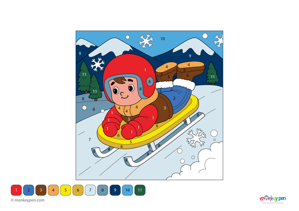 Color-by-number worksheet of a luge athlete – free download for kids to color racing suit, sled, and snowy winter track.
