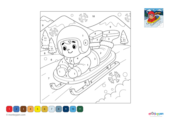 Color-by-number worksheet of a luge athlete – free download for kids to color racing suit, sled, and snowy winter track.