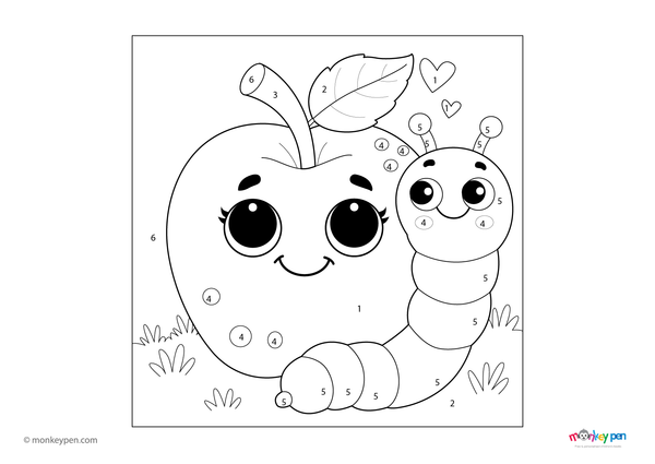Color-by-number apple and worm worksheet – free download for kids to color apple, worm, and leaves.