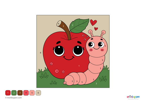 Color-by-number apple and worm worksheet – free download for kids to color apple, worm, and leaves.