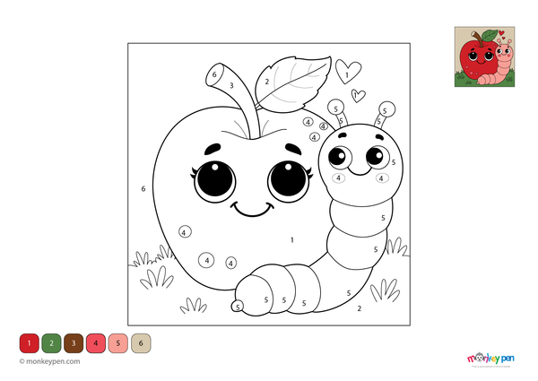 Color-by-number apple and worm worksheet – free download for kids to color apple, worm, and leaves.