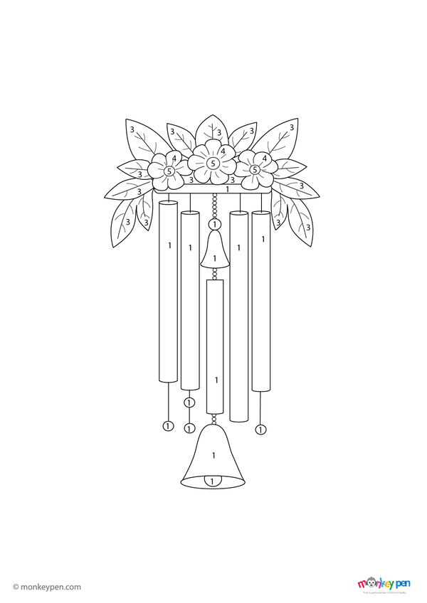 Color-by-number wind chimes worksheet – free download to color tree branch, chimes, and breezy background.