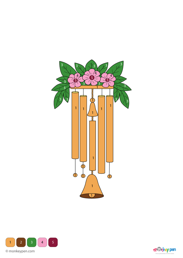 Color-by-number wind chimes worksheet – free download to color tree branch, chimes, and breezy background.