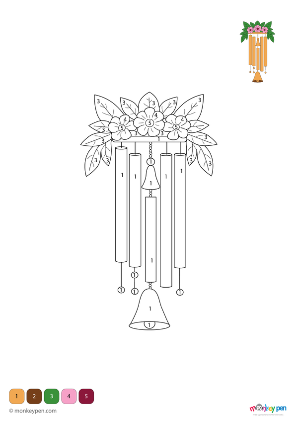 Color-by-number wind chimes worksheet – free download to color tree branch, chimes, and breezy background.