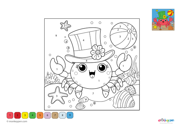 Color-by-number crab on beach – free download for kids to color pincers, sand, waves, and sunny sky.
