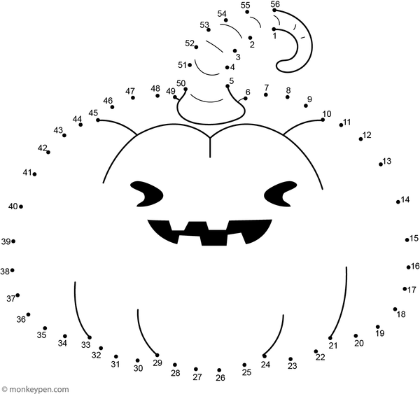 A cheerful jack-o’-lantern with a carved smile appears as children connect the dots in this Halloween-themed worksheet.