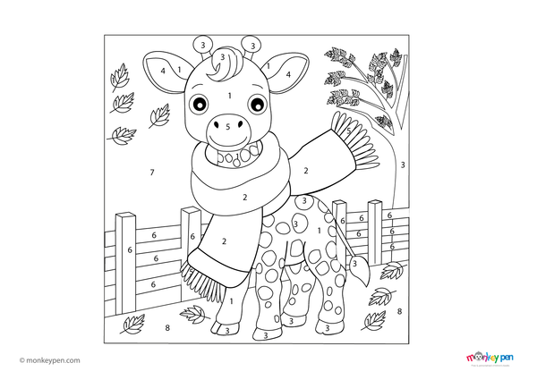 Color-by-number giraffe wearing scarf – free download for kids to color spots, scarf, long neck, and grass.