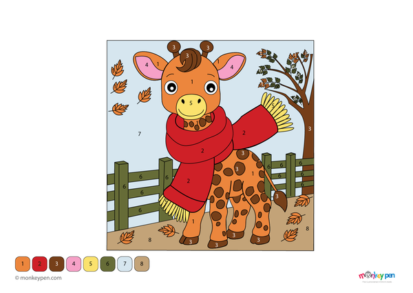 Color-by-number giraffe wearing scarf – free download for kids to color spots, scarf, long neck, and grass.
