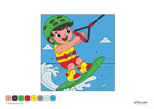 Downloadable color-by-number worksheet of a wakeboarder gliding on water, with numbered areas for clothing, board, and water splashes.