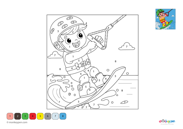 Downloadable color-by-number worksheet of a wakeboarder gliding on water, with numbered areas for clothing, board, and water splashes.