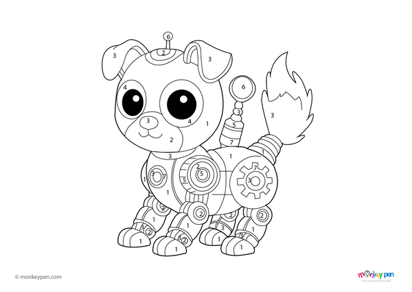Color-by-number worksheet of a futuristic robot dog – free download to color mechanical parts, glowing eyes, and circuit background.