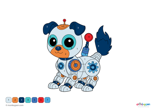 Color-by-number worksheet of a futuristic robot dog – free download to color mechanical parts, glowing eyes, and circuit background.