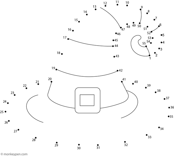 A curved witch’s hat with a ribbon band appears as children connect the dots in this Halloween-themed activity sheet.