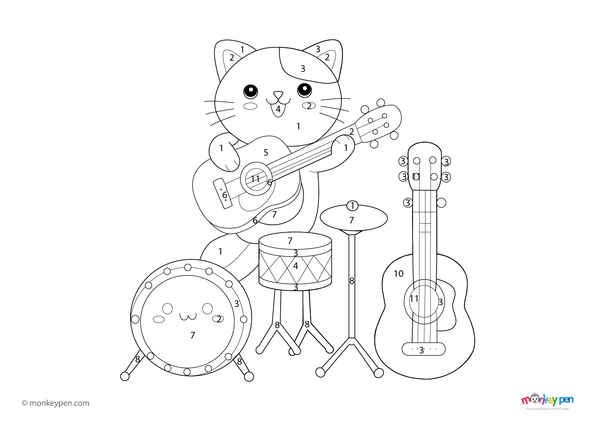 Downloadable color-by-number worksheet of a cheerful cat playing a musical instrument, with numbered sections for fur, instrument, and background.