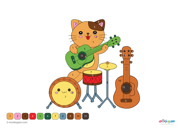 Downloadable color-by-number worksheet of a cheerful cat playing a musical instrument, with numbered sections for fur, instrument, and background.