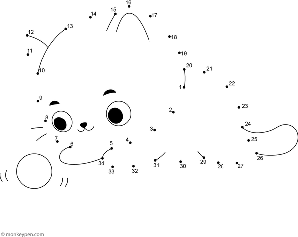 A playful kitten playing with a ball appears as children join the dots in this adorable pet-themed activity.