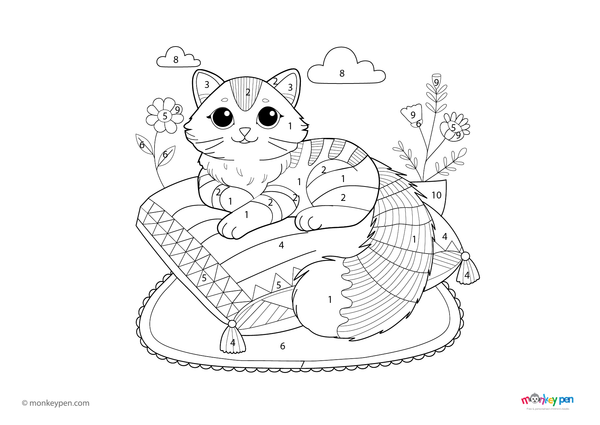Color-by-number worksheet of a cozy cat on a cushion – free download to color fur, soft fabric, and homey background.