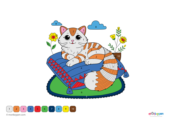 Color-by-number worksheet of a cozy cat on a cushion – free download to color fur, soft fabric, and homey background.