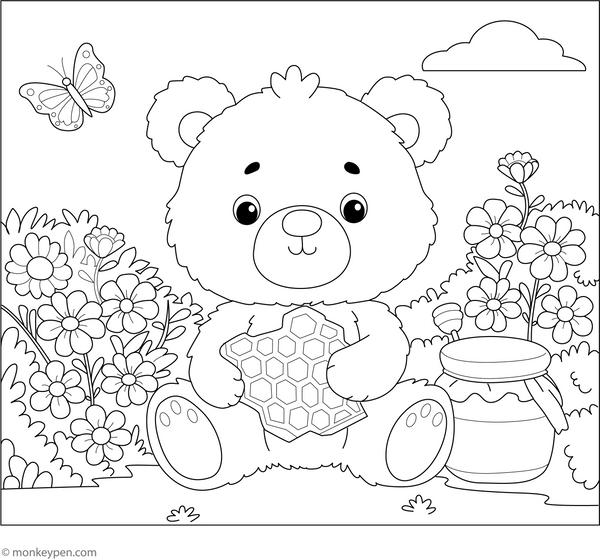Bear and Honeycomb Coloring Page – fun and educational printable for children