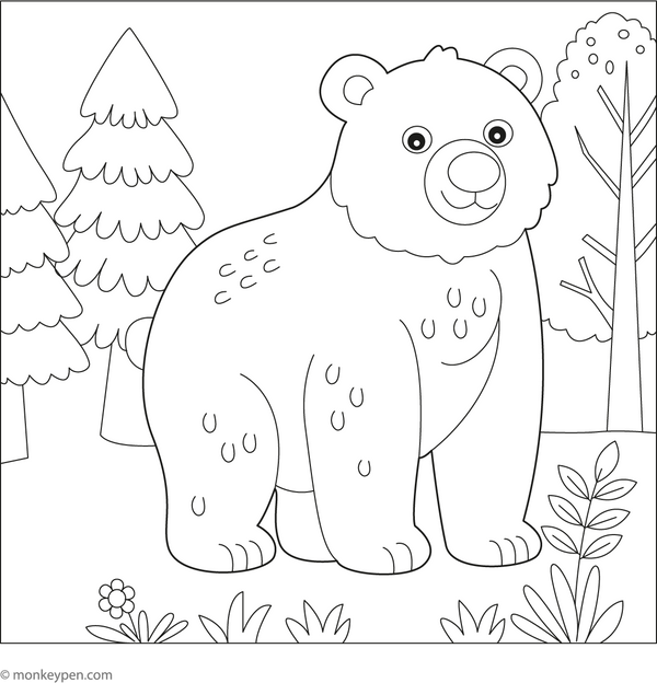Bear in a Forest Coloring Page