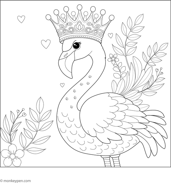 Flamingo with Crown Coloring Page